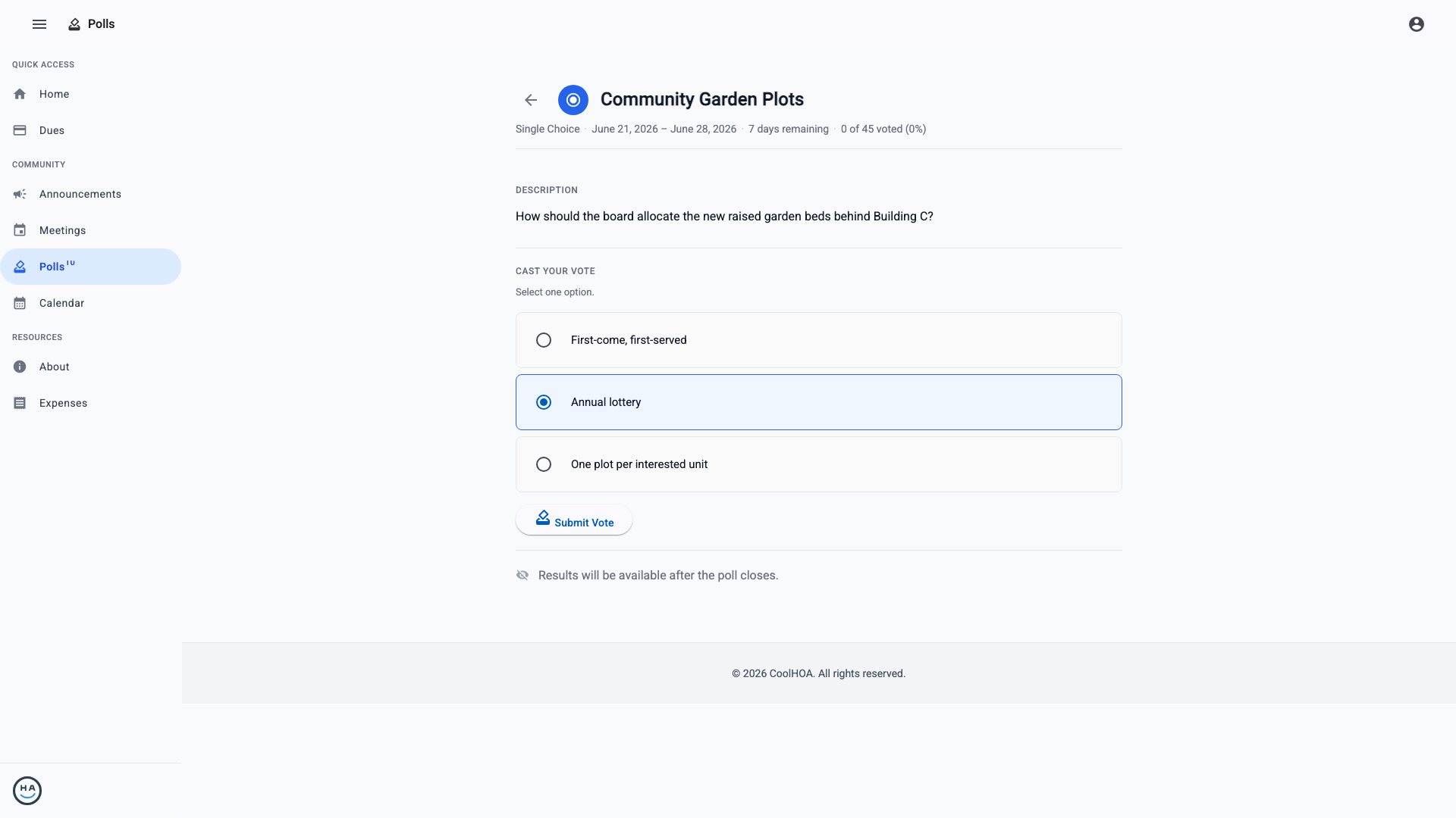 Resident voting screen with selectable options for an active poll
